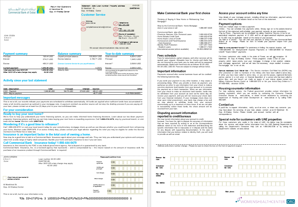 Download UAE Commercial Bank mortgage statement in Word and PDF formats, 2 pages Photoshop template